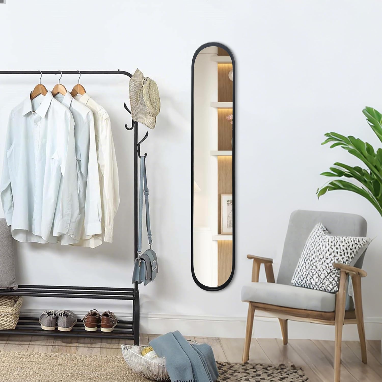 Black Full Length Oval Mirror, 1-Pack Narrow Capsule Long Mirrors with Metal Frame for Entryway,Hallway,Living Room