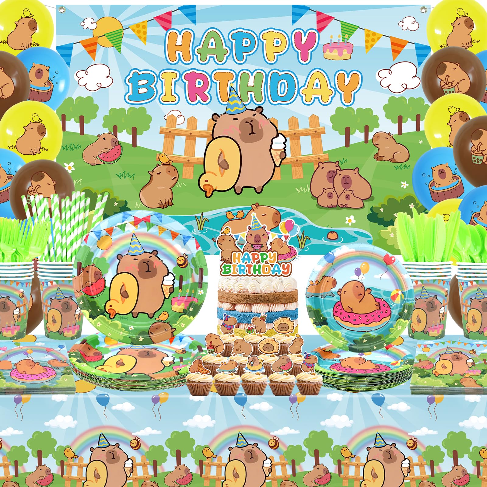 KEFAN Capybara Birthday Party Decorations, Capybara Theme Party Tableware Supplies, Includes Backdrop, Plates, Cups, Napkins, Tablecloth, Balloons,