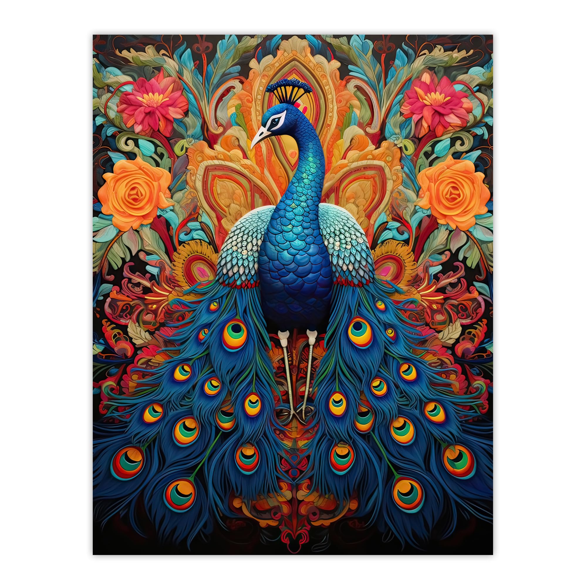 Artery8 Royal Peacock Oil Painting Blue Orange Pink Exotic Bird Symmetrical Floral Portrait Large Wall Art Poster Print Thick Paper 18X24 Inch