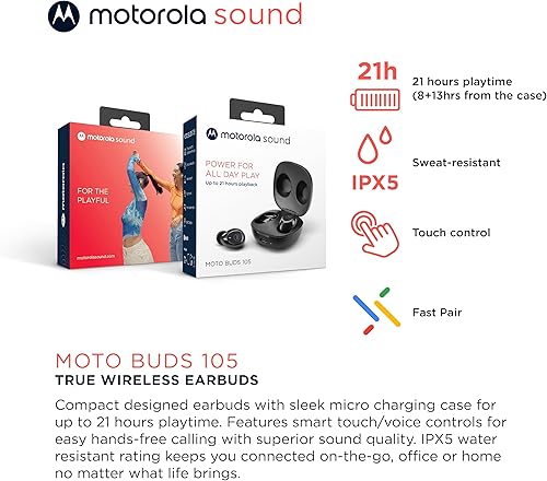 Miniatura 2 de Motorola Moto Buds 105 - Auriculares inalámbricos Bluetooth con cancelación de ruido ambiental con control táctil y funda de micro carga, IPX5,