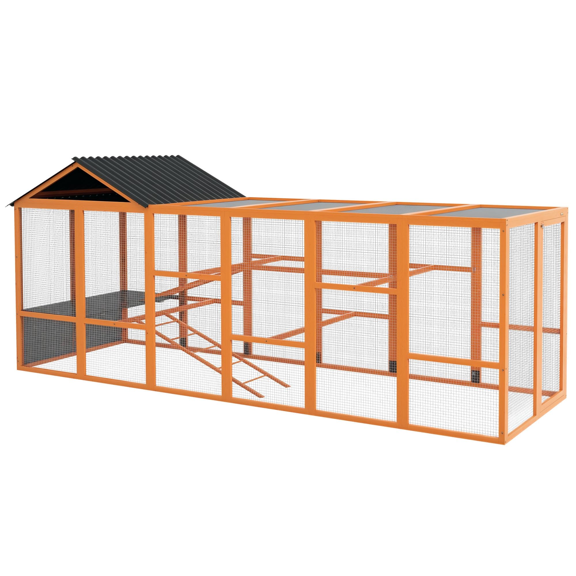 PawHut Wooden Chicken Coop Run for 6-10 Chickens, Hen House, Poultry Cage Add-On with Storage, Perches, 141.75" x 48" x 61", Orange