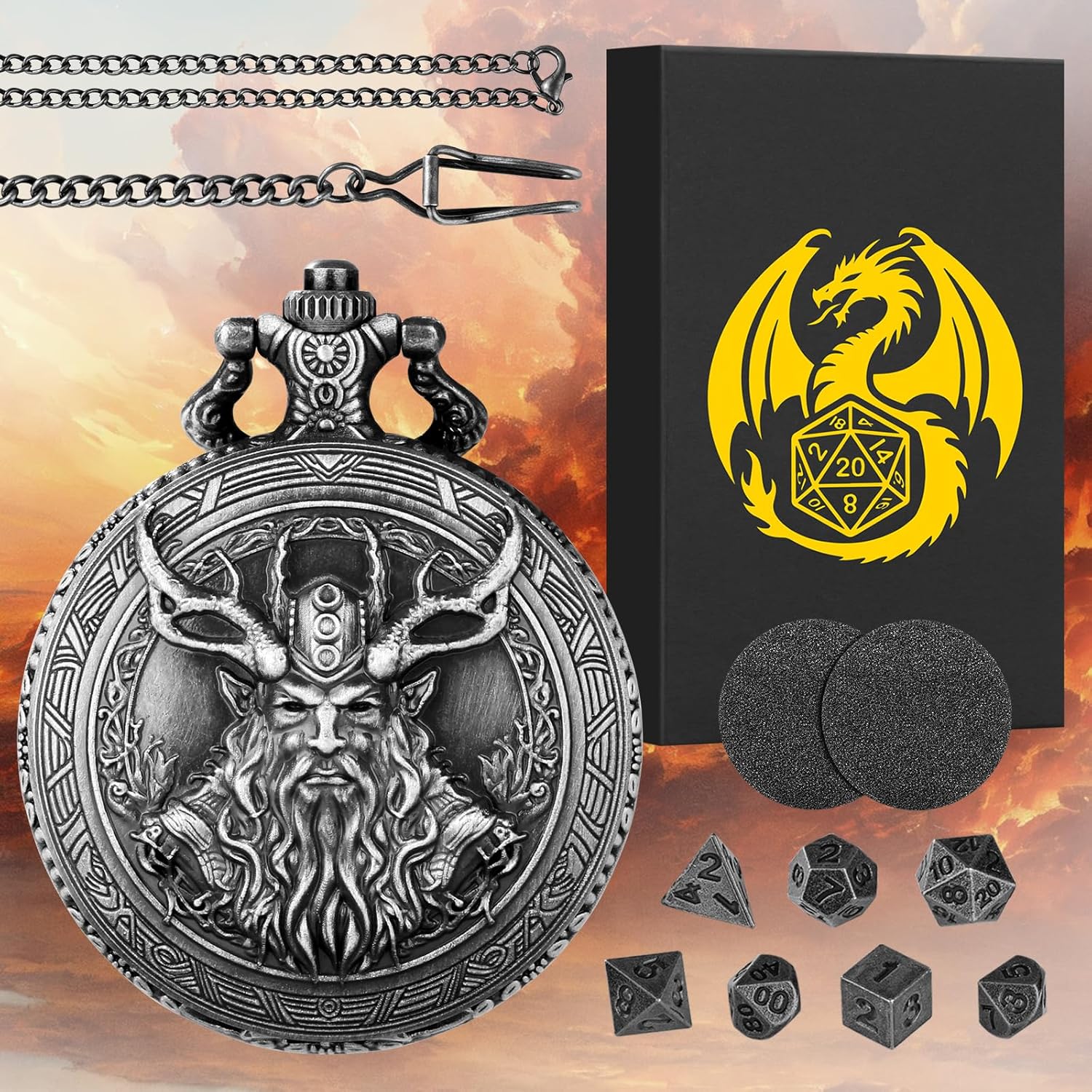 Mini DND Dice Set with Steampunk Druid Pocket Watch Case, Tiny 7-Piece Polyhedral Metal D&D Dice, DND Gifts with Gift Box, Role Playing Game Board Game Accessories Dice, Dark Silver