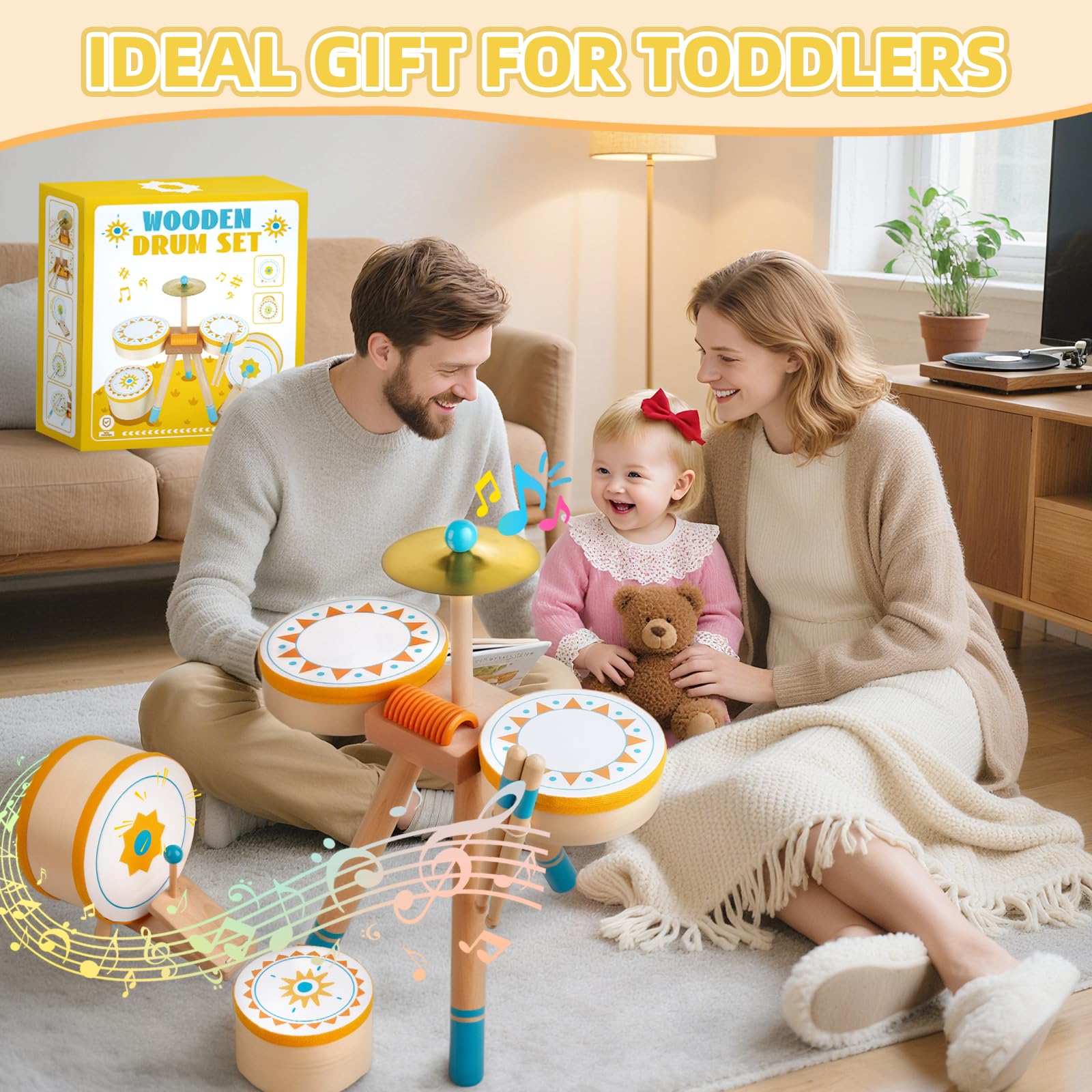 Tambor Montessori para Bebés de 1+ Año | Set de Tambores Educativo de Madera para Niños Pequeños 1-3 Años | Instrumentos Musicales para Bebés, el Regalo Cumpleaños/Navidad para Niños y Niñas