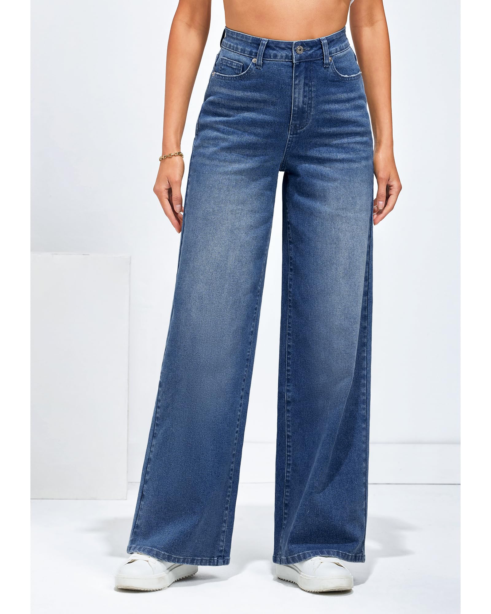 Roskiky Jean large pour femme, avec taille haute et poches, stretch, pantalon baggy années 1990