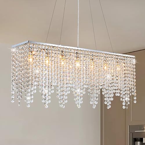 APBEAMLighting Chandeliers for Dining Room, Large Chandeliers for high Ceilings, Crystal Ceiling Light Rectangle Crystal Chandelier Flush Mount for Living Room L40 x W8 x H16