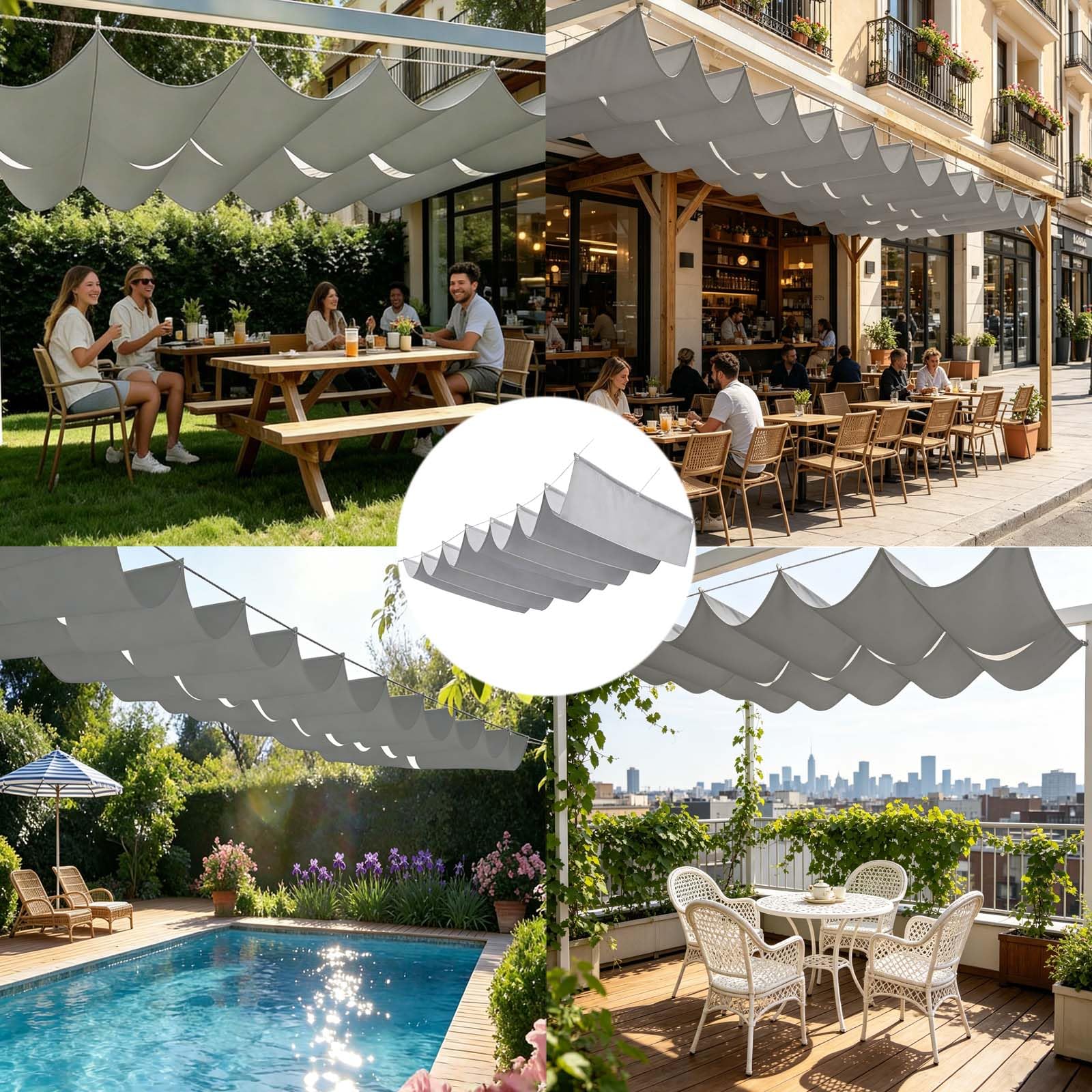 Tenda Parasole Retrattile 170 x 1200 cm Impermeabile Protezione UV con Corda di Nylon e Occhiellato Telo Ombreggiante Esterno Tenda a Vela Giardino per Balconi Terrazze, Grigio Chiaro