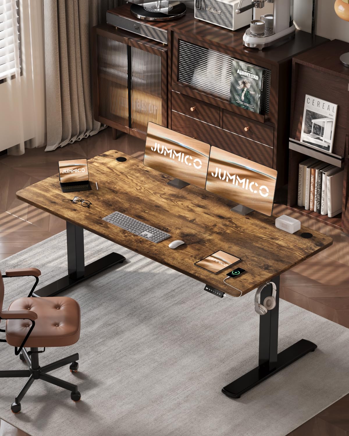 JUMMICO Scrivania Regolabile in Altezza, Scrivania Regolabile Elettrica con Smart Panel da caricatore USB, Scrivania in Piedi con Funzioni di Memoria, Standing Desk 140 x 60 cm, Marrone