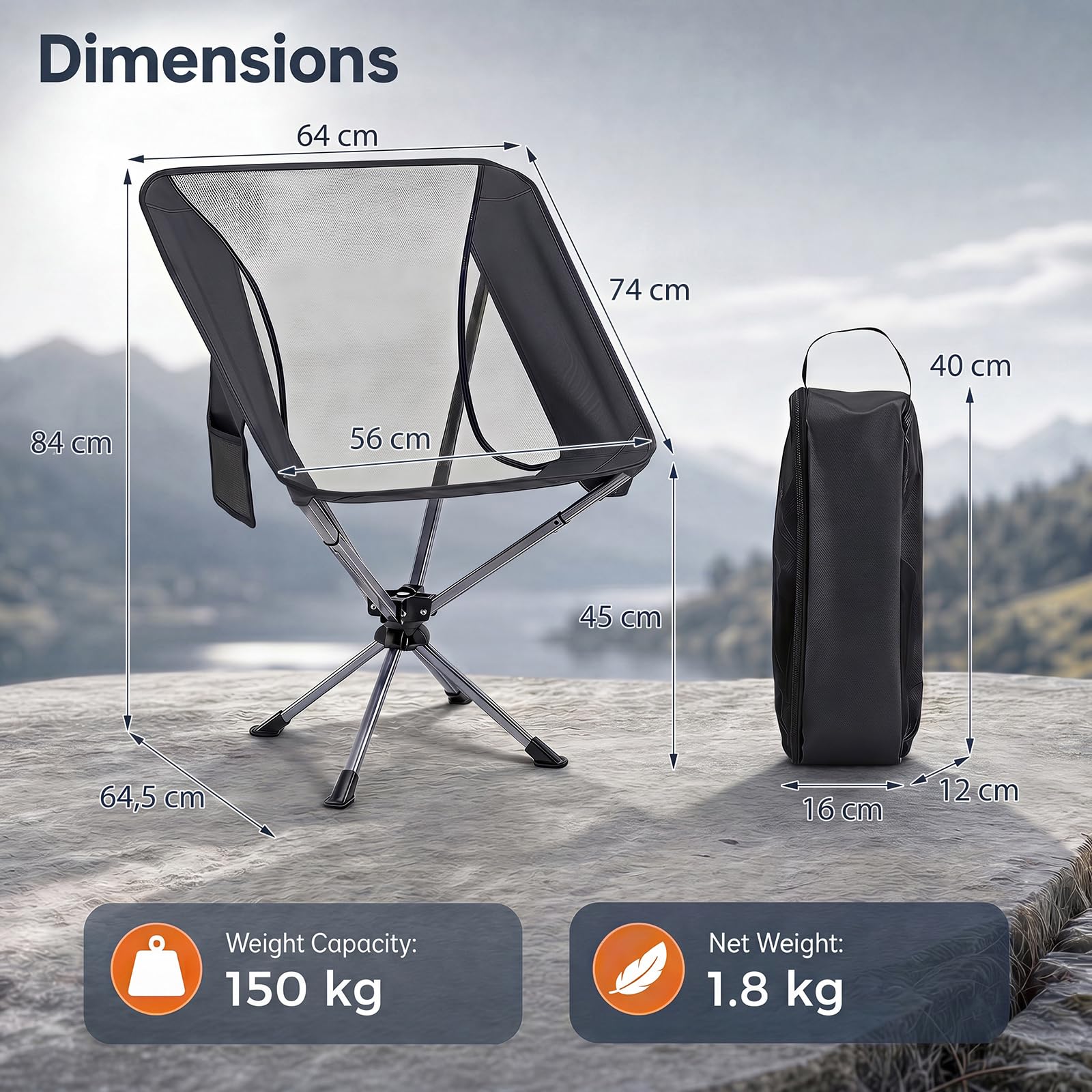 COSTWAY Campingstuhl Faltbar Ultraleicht Kleines Packmaß 360° Drehbar | Klappstuhl mit Getränkehalter & Seitentasche, Angelstuhl 150KG Belastbar, Faltstuhl für Picknick, Outdoor, Wandern