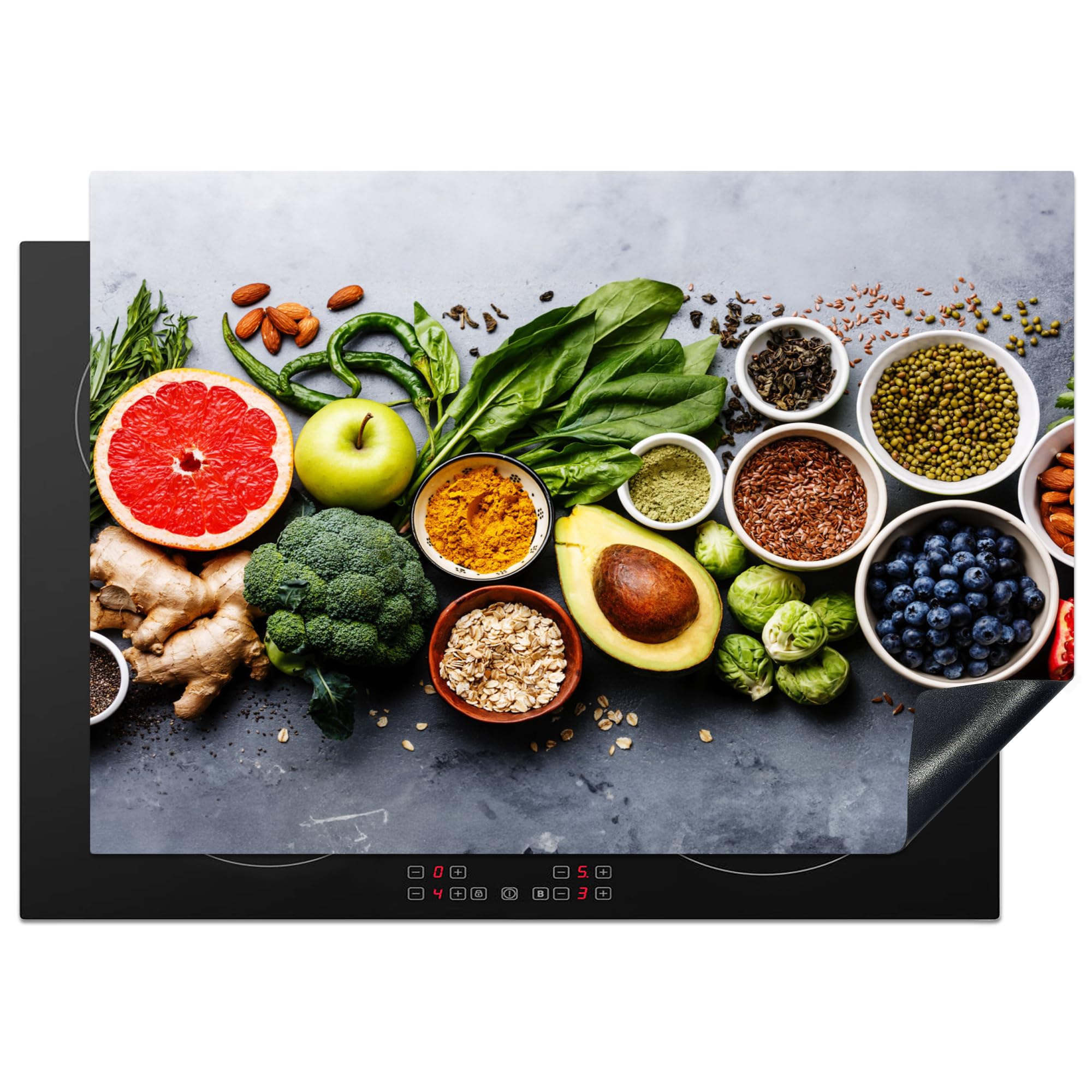 KitchenYeah© Induction Hob Protector Mat 20.5"x29.5" / 75x52 cm Cooker Top Protectors Cover Ceramic Covers Electric Hobs Vinyl Fruit - Concrete - Vegetables — image 1