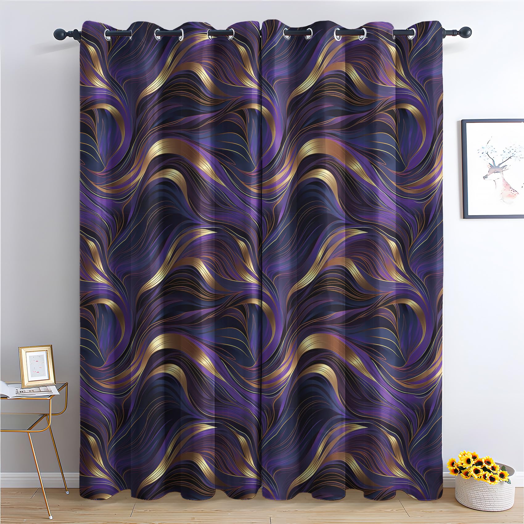 SZLYZM Abstract Modern Blackout Curtains, Purple Gold Bedroom Curtains & Living Room Curtains 66x54 Inch 2 Panels Set, Thermal Eyelet Drapes Decorative Patterned Window Treatments 54 Drop(Km-&373)