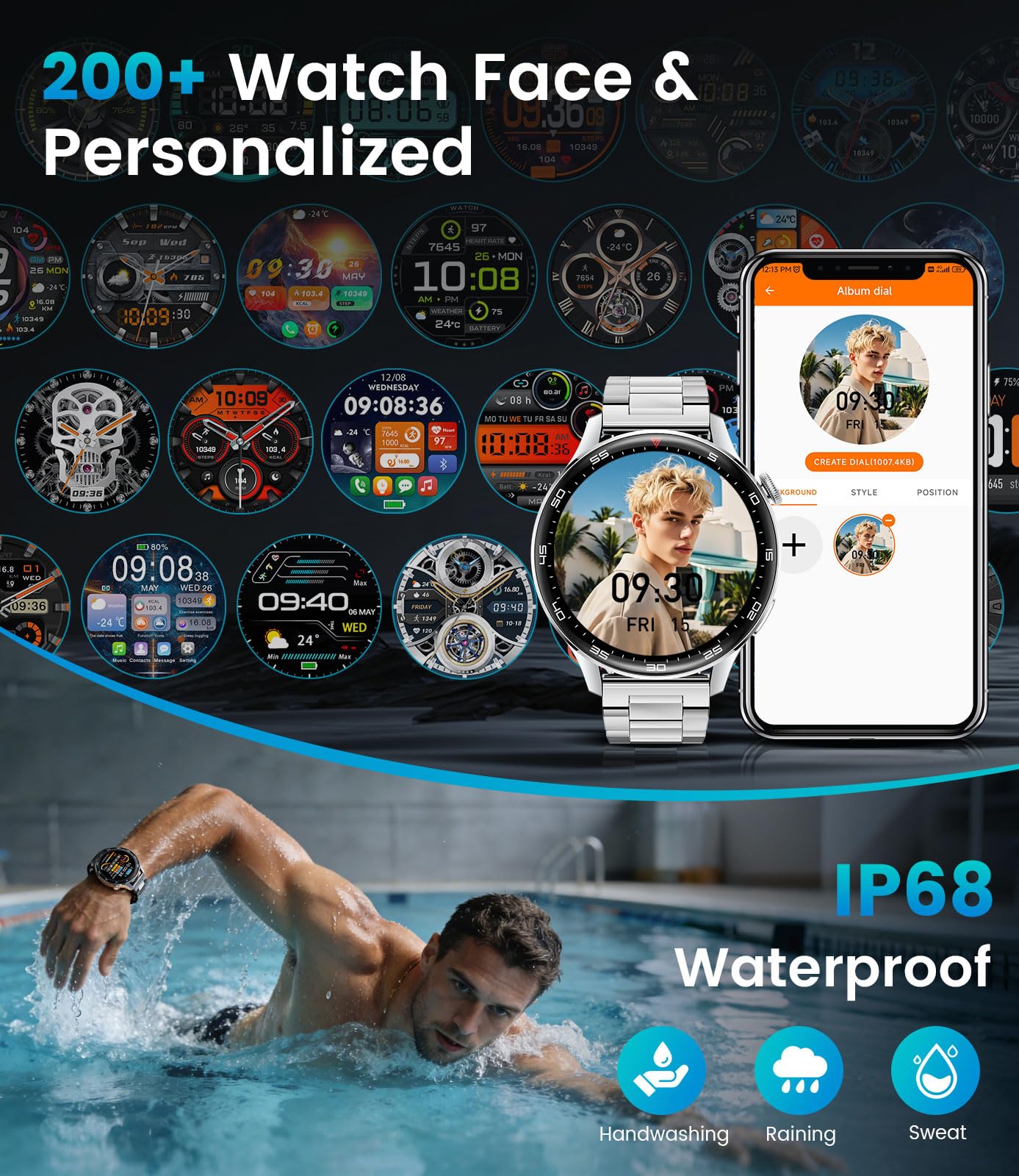 Reloj Inteligente Hombre, LIamadas Bluetooth, 1,7"Grande Smartwatch Hombre con Linterna LED/800 mAh/IP68, 100+ Modos Deportivos, Monitor de Frecuencia Cardíaca y Sueño, Android e iOS, Plateada