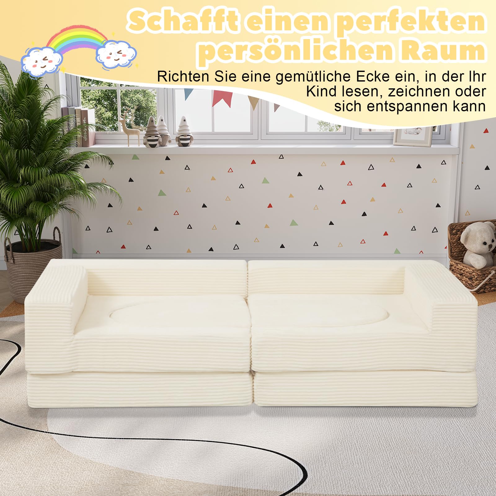 MeMoreCool Modulsofa 8-teilig Cord – Weiche Schaumstoff-Sitzlandschaft für Kinderzimmer & Wohnzimmer Flexibel anpassbar | Waschbare Bezüge | Kindersicheres Lounge-Sofa für Spielen & Entspannen, Beige