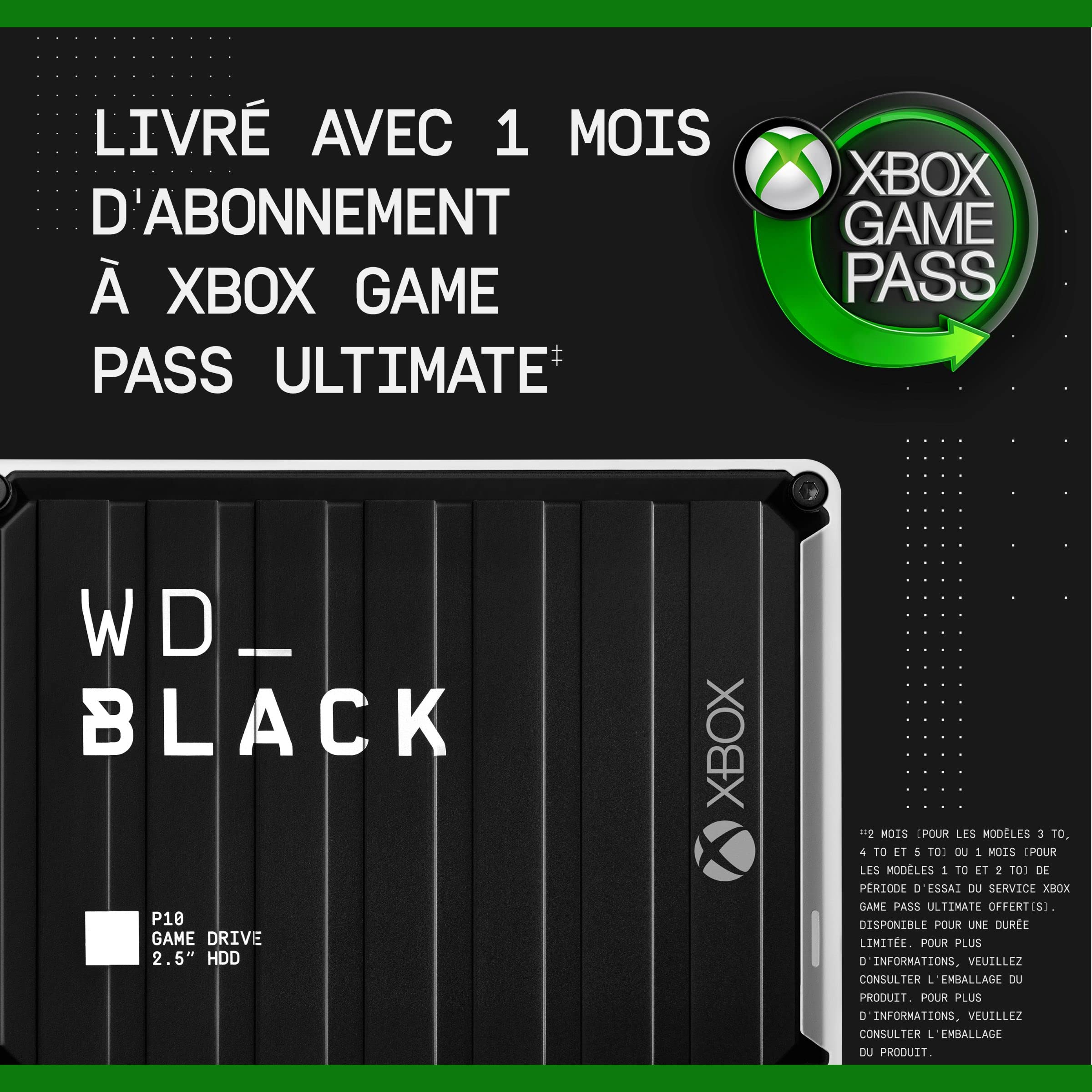 WD_BLACK P10 pour Xbox, 5 To Disque dur Externe Portable, des vitesses allant jusqu'à 130 Mo/s, avec une abonnement d'un mois au Xbox Game Pass, Noir et Blanc