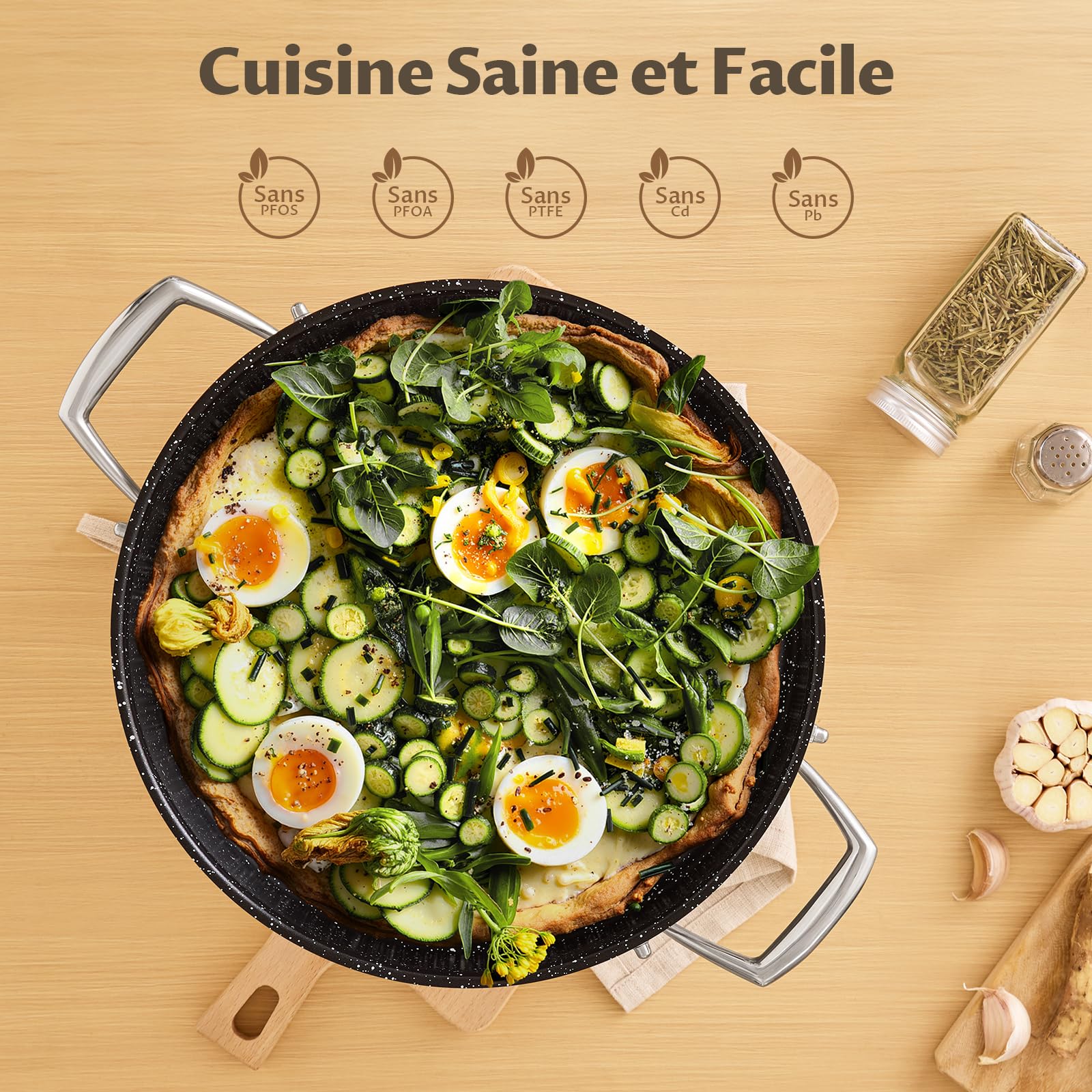 BEZIA Sauteuse 28 cm avec Couvercle, Faitout Induction 5,2 L | Poêle inox 18/10, revêtement céramique sans PTFE, cocotte/poêle passe-four pour mijoter, rôtir & cuire