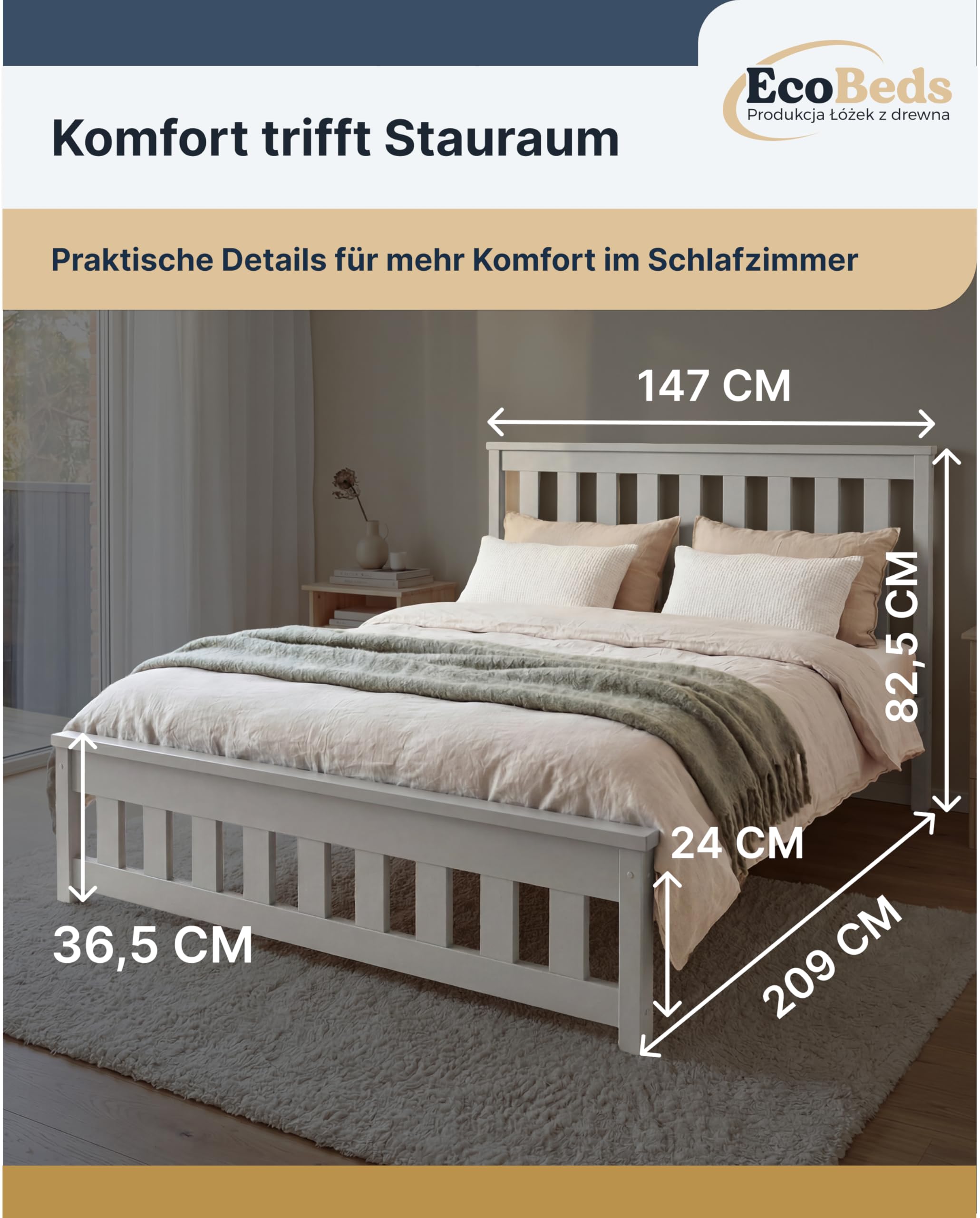 EcoBeds ADA Holzbett 140x200 cm Kiefer Massivholz bis 200 kg | Grau - Doppelbett, Bettgestell mit Lattenrost und Stauraum, für Erwachsene, robust, einfache Montage