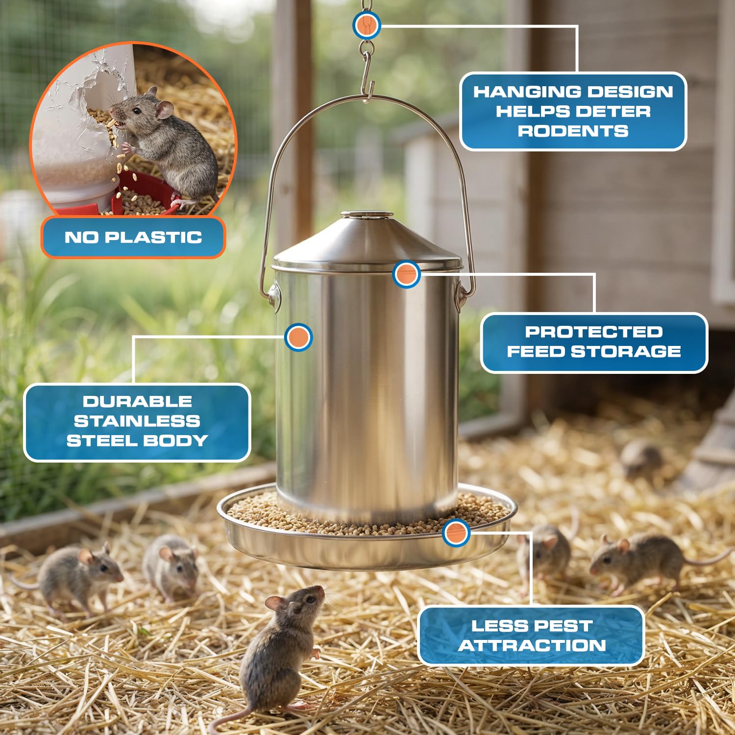 Plexon Mangiatoia automatica per polli in acciaio inox, 3 kg, per uso alimentare, per pollame, in metallo, resistente, affidabile, a lunga durata, con manico