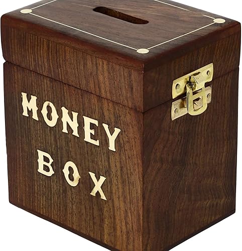 Miniatura 2 de Hucha de madera hecha a mano  Ideas de regalos para niños y adultos  Caja de banco de monedas para ahorrar dinero  Esquinas con incrustaciones de