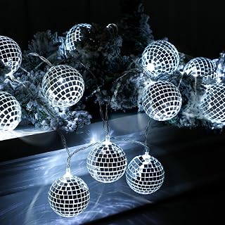 BBTO 10/20 LED Disco Ball String Lights, 9.84 ft Long, Silver White