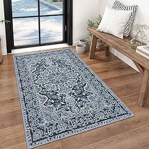 KUTA 3x5 Vintage Area Rug, Vintage Floral Rugs for Living Room Navy Blue Washable Kitchen Non-Slip, Ultra Soft Printed Medallion Tribal Entry Low-Pile Carpet for Bedroom Nursery Dorm Décor
