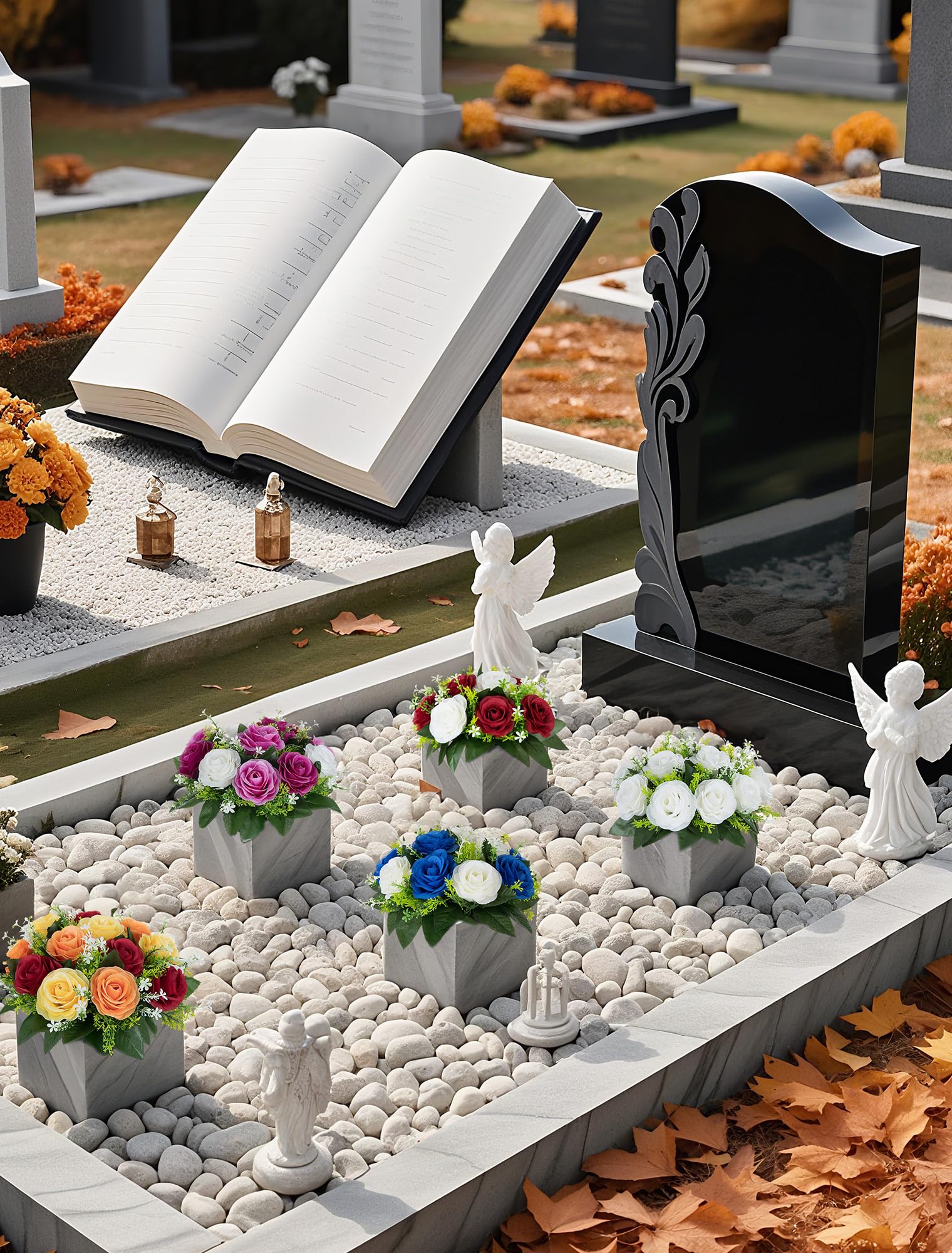 BLOSMON Künstliche Blumen im Topf für Grabschmuck: 2 Stücke Rot Gelb Orange Kunstblumen Künstlich Rosen Grabgestecke mit Vase für Grab Friedhof Deko Grabgesteck mit Grabvase für Grabstein Grabdeko