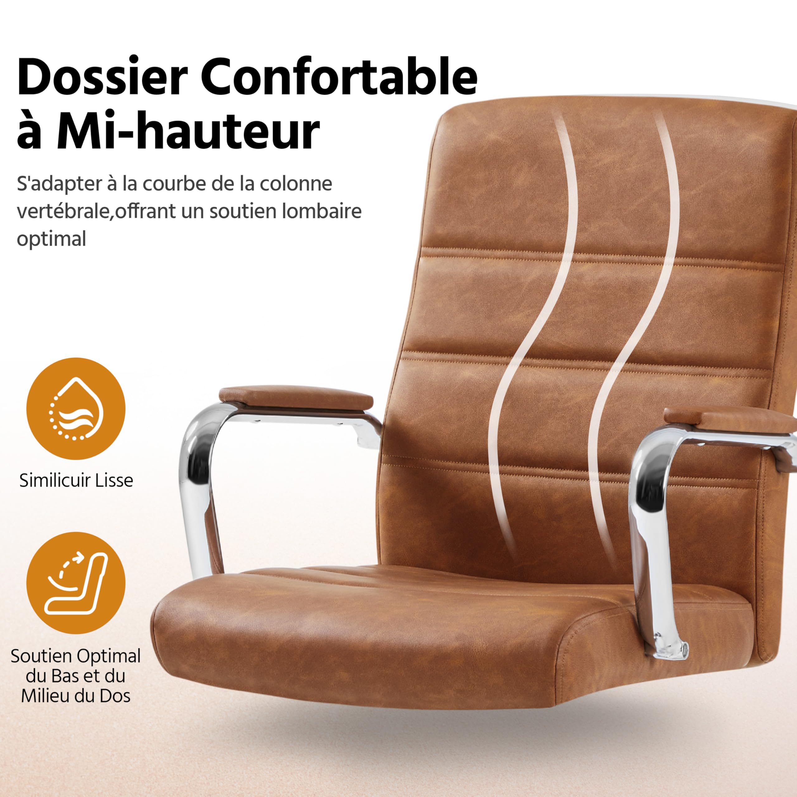 Yaheetech Fauteuil de Bureau Similicuir Chaise de Bureau Erconomique Hauteur Réglable Inclinable avec Dossier Rembourré Brun Rustique