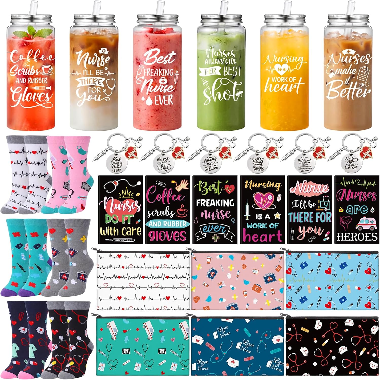 Mimorou 30 Pcs Nurse Week Gifts for Women Appreciation Gifts Bulk 13.5 oz Nursing Plastic Tumblers with Straw Lid Nurse Cosmetic Bags Novelty Socks Inspirational Notepads Keychains for Nursing Student