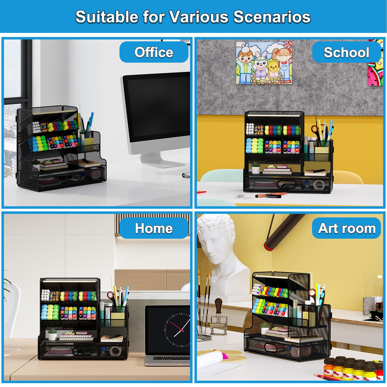Organizer da scrivania con cassetto, portapenne in rete per scrivania, 13 scomparti, organizer per cancelleria e forniture artistiche, accessori per ufficio e spazio di lavoro, nero