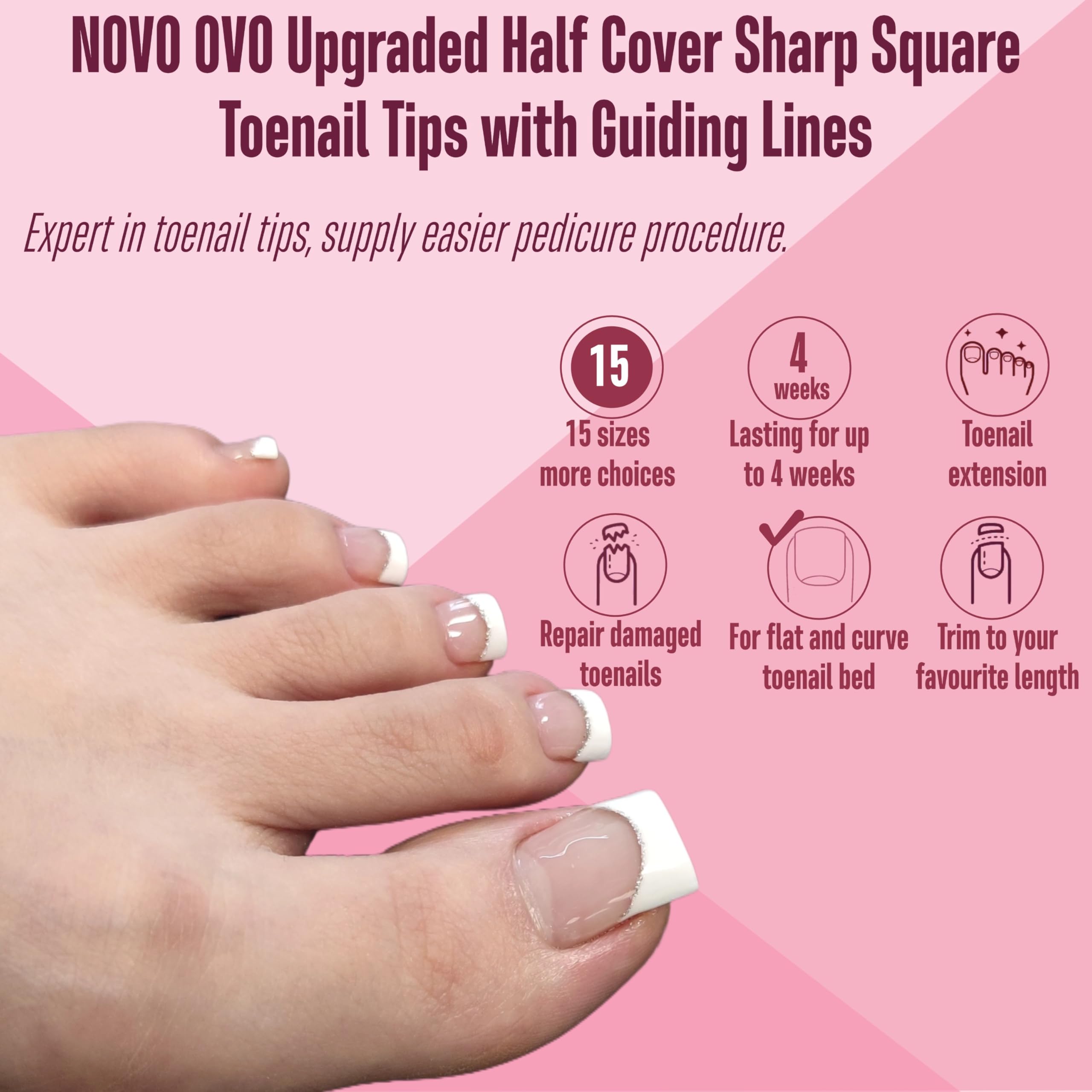NOVO OVO Upgraded Flexible Half Cover Soft Gel Fake Toe Nail Tips with Auxiliary Line for Toenail Extension Sharp Square Medium Wide for Men Women Acrylic pedicure in Salon x 15 Sizes 300 Pcs - Image 2