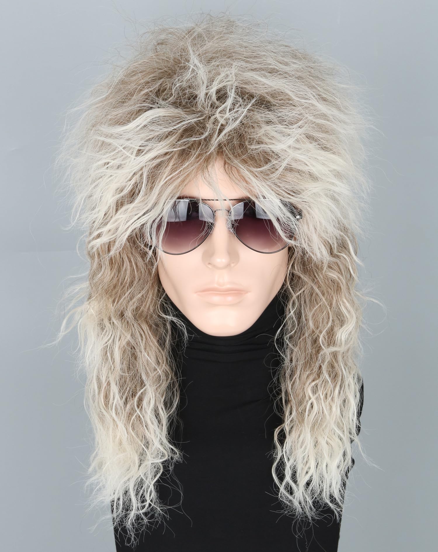 LeMarnia 70er/80er Rocker Vokuhila Perücke Lang Gelockt BraunVerlauf Weiß Unisex Erwachsene Perücke Halloween Cosplay Kostüm Perücke
