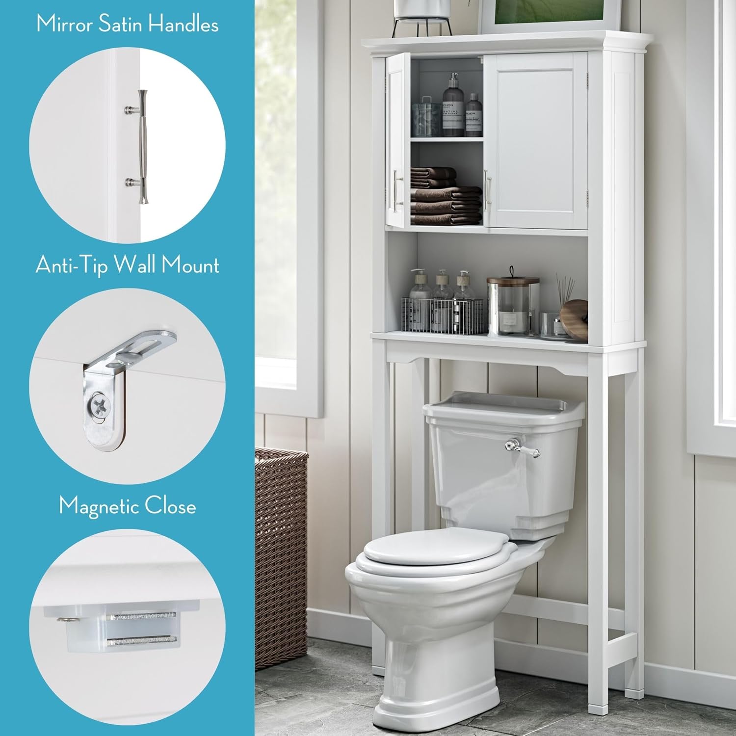 RiverRidge Somerset Spacesaver Over The Toilet Storage Cabinet White with Adjustable Shelves - Space-Saving Bathroom Medicine Cabinet