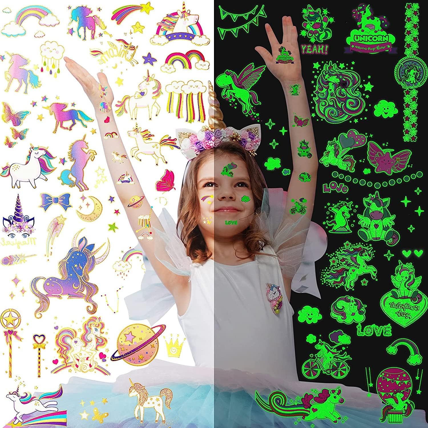 Unicorn Temporary Stickers, Fake Girl's Colourful Luminous Temporary Glow in the Dark for Girl Kid Birthday Decoration, 8 Sheets(4 flashes + 4 luminous)