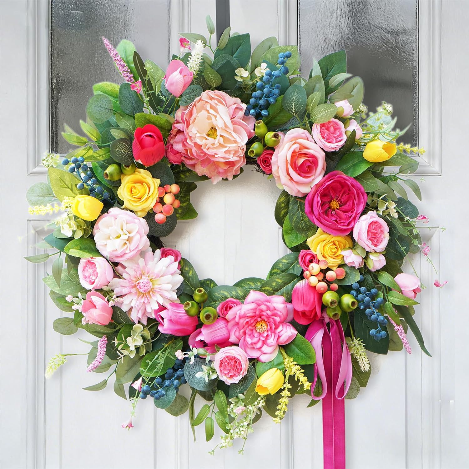 24 Inch Spring Wreaths for Front Door, Summer Wreath with Luxury Dahlias, Peony, Tulips & Roses Floral Wreaths with Greenery Farmhouse Seasonal Spring Door Wreath for Indoor Outdoor Home Decor