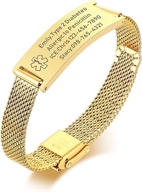 VNOX Medical Alert Bracelets for Men & Women Kids with Free Engraving Adjustable Stainless Steel Mesh Emergency Medical ID Bracelets Wristband