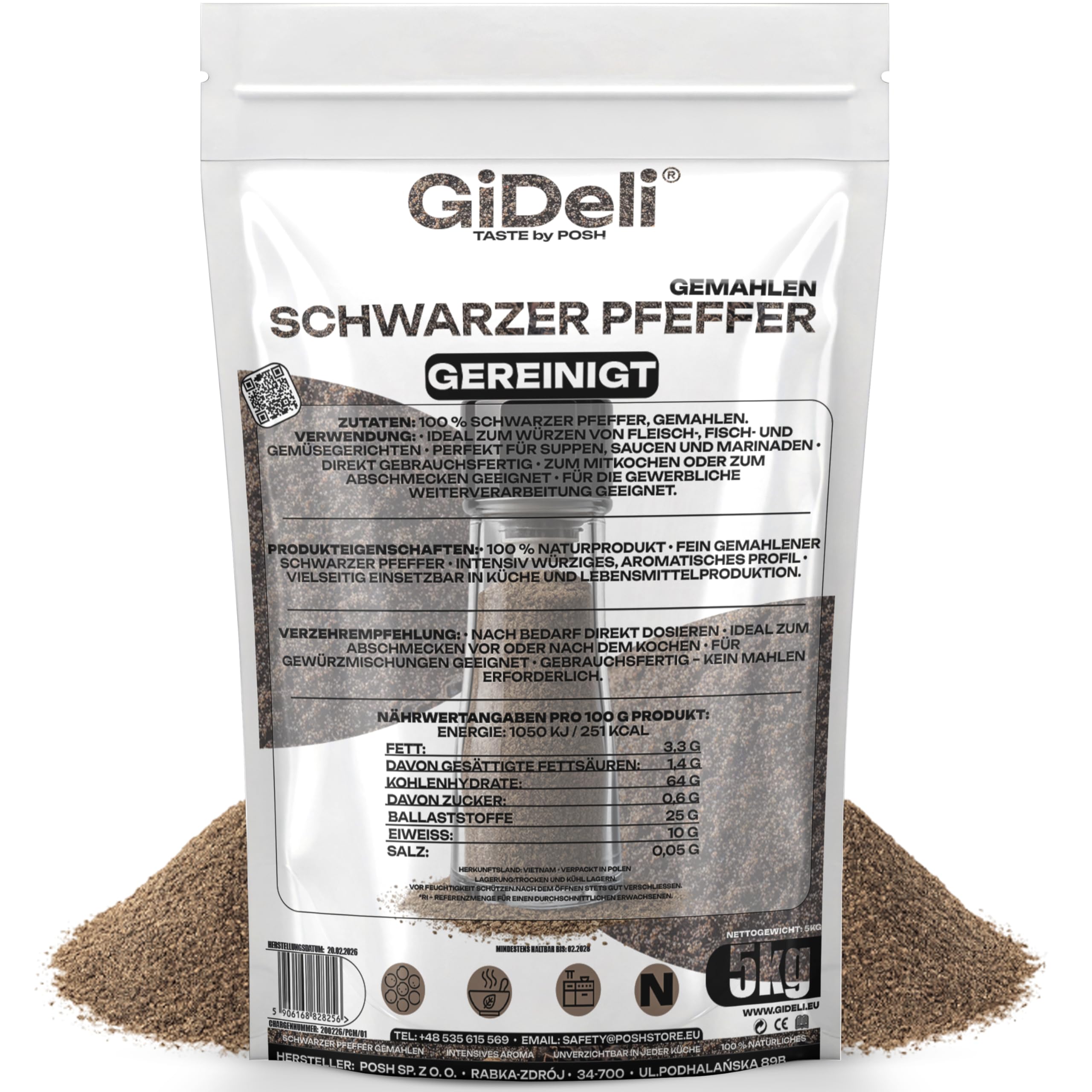 GiDeli Schwarzer Pfeffer Gemahlen 5kg - Pfefferpulver für Suppen, Saucen und Fleischgerichte - Aromatisch und Vielseitig - 100% Naturrein ohne Zusätze