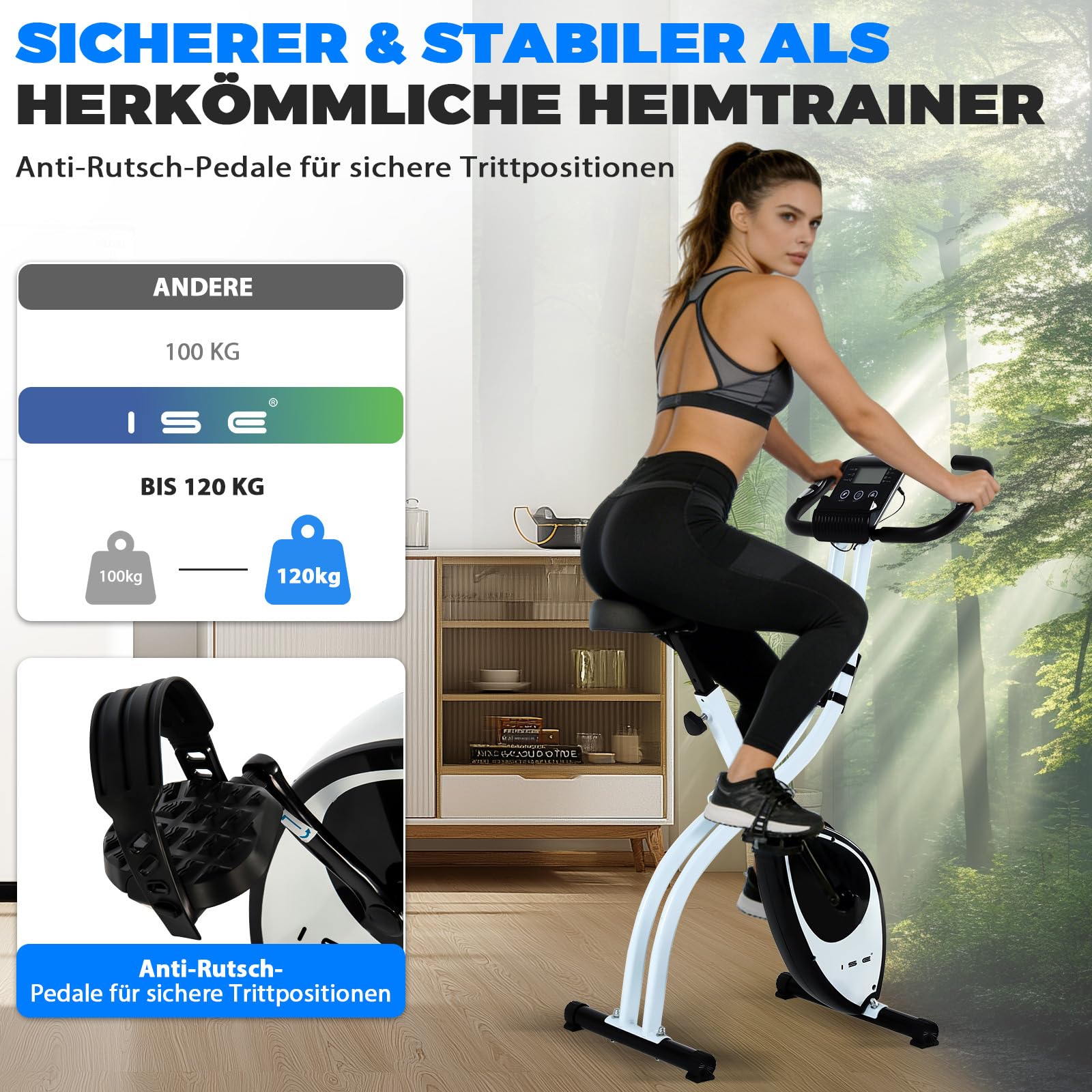 ISE Heimtrainer Fahrrad Klappbar I Hometrainer Fahrrad Klappbar Extra Leise mit Bequemem Sitzkissen I Ergometer heimtrainer, Fitnessbikes, Indoor Bike, Trimmrad Heimtraine