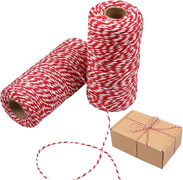 yeestone Christmas String, 200m ECO Friendly Red and White 2mm Cotton Wrapping Twine, Durable Butchers String for Gift Meat Crafts Garden (2 Rolls)
