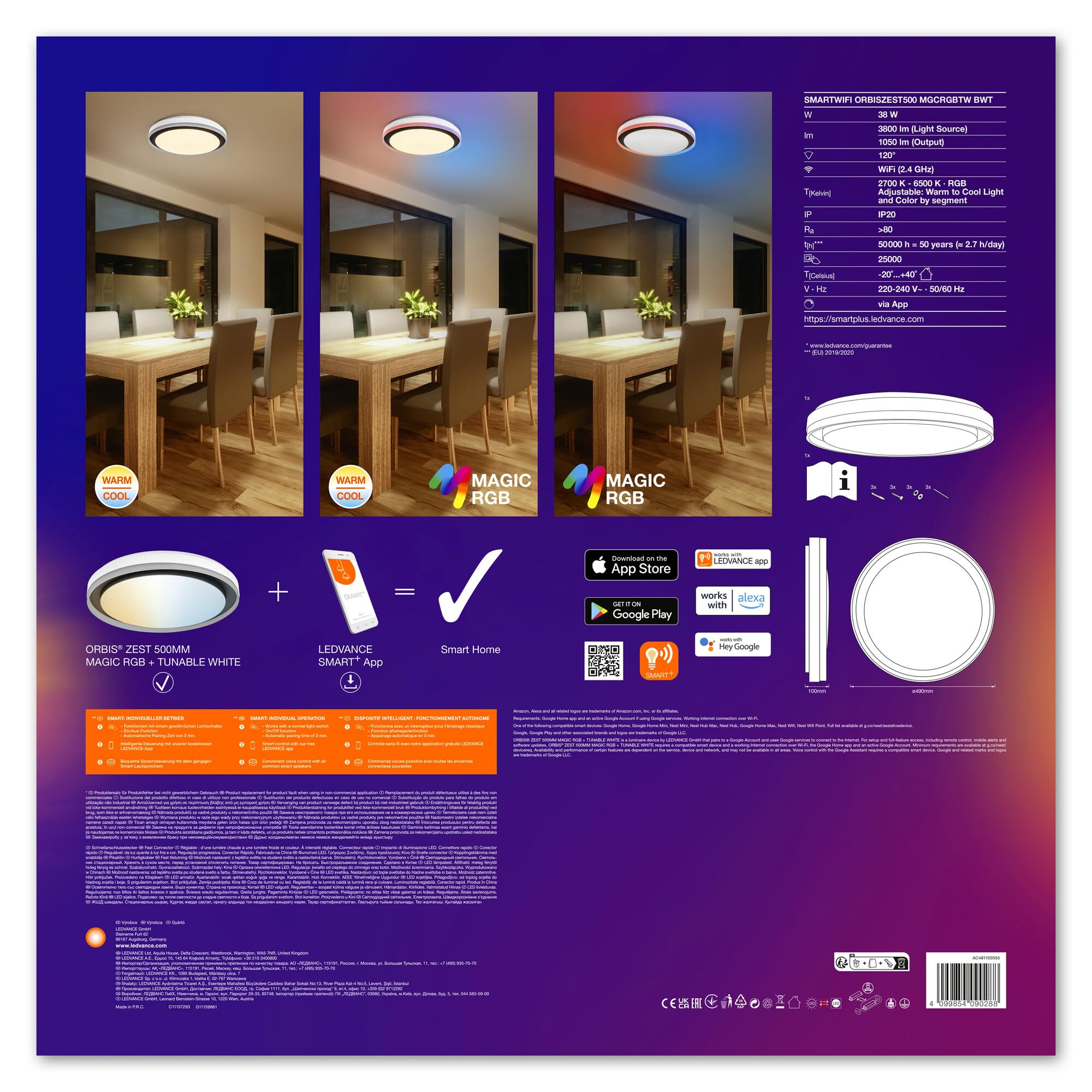 LEDVANCE SMART + WIFI Plafón LED, blanco/negro, 32W, 3400lm, función de luz blanca, regulable, efecto Magic-RGB, larga vida útil, fácil instalación, 2700-6500K