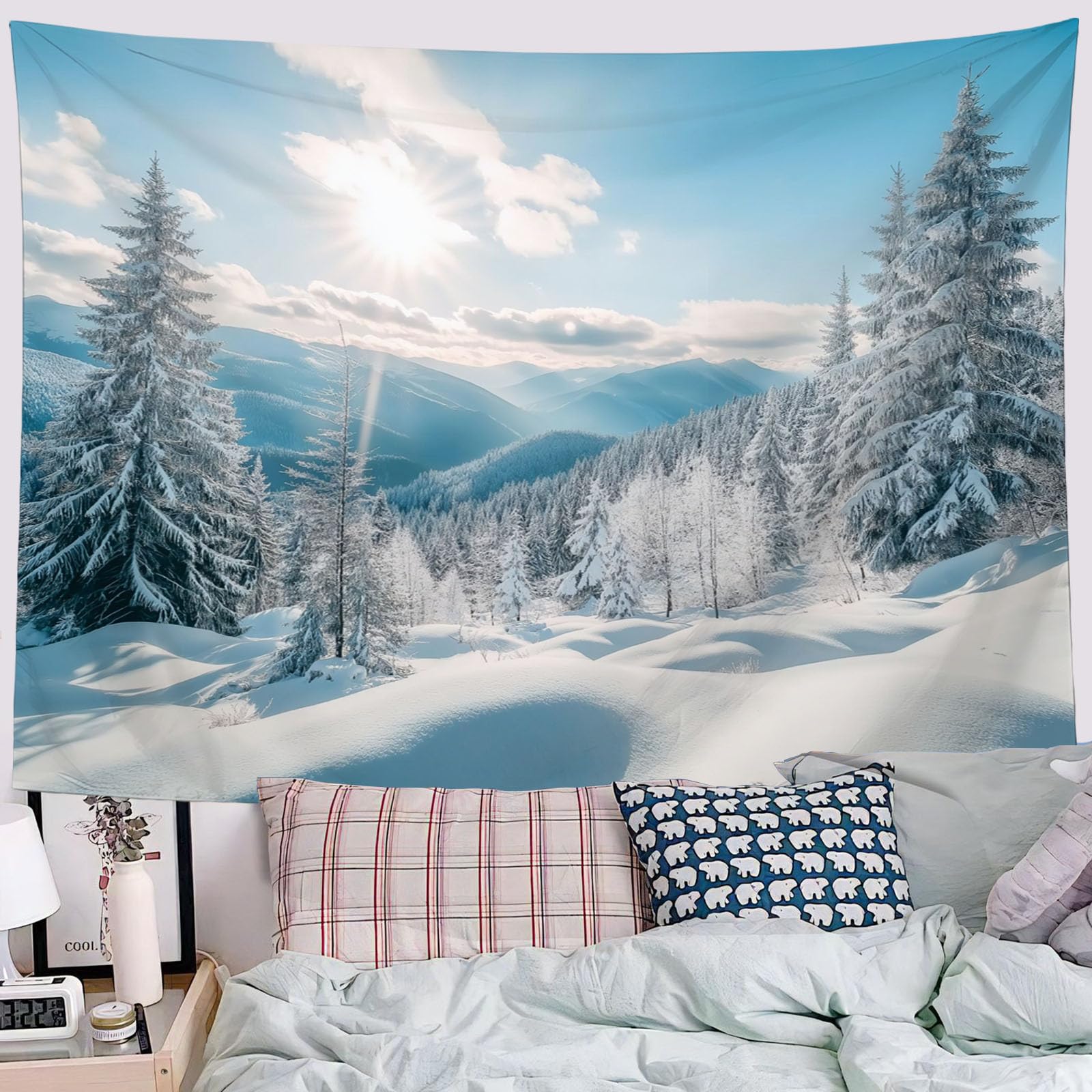 MULERN Scenario Naturale Arazzo, 230x180cm Tappezzeria Inverno Foresta Innevata Arazzo, Estetico Panno da Parete Appeso, Decorazione Parete per La Casa, Camera da Letto, Soggiorno(Blu)
