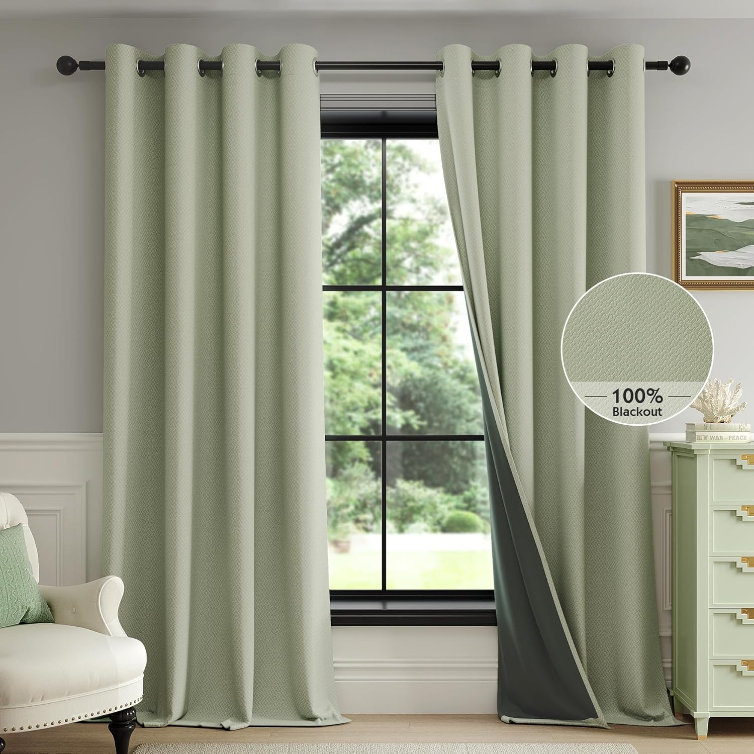 FMFUNCTEX Cortinas 100% opacas para dormitorio, cortinas de tejido geométrico verde salvia de 90 pulgadas de largo, cortina con aislamiento térmico