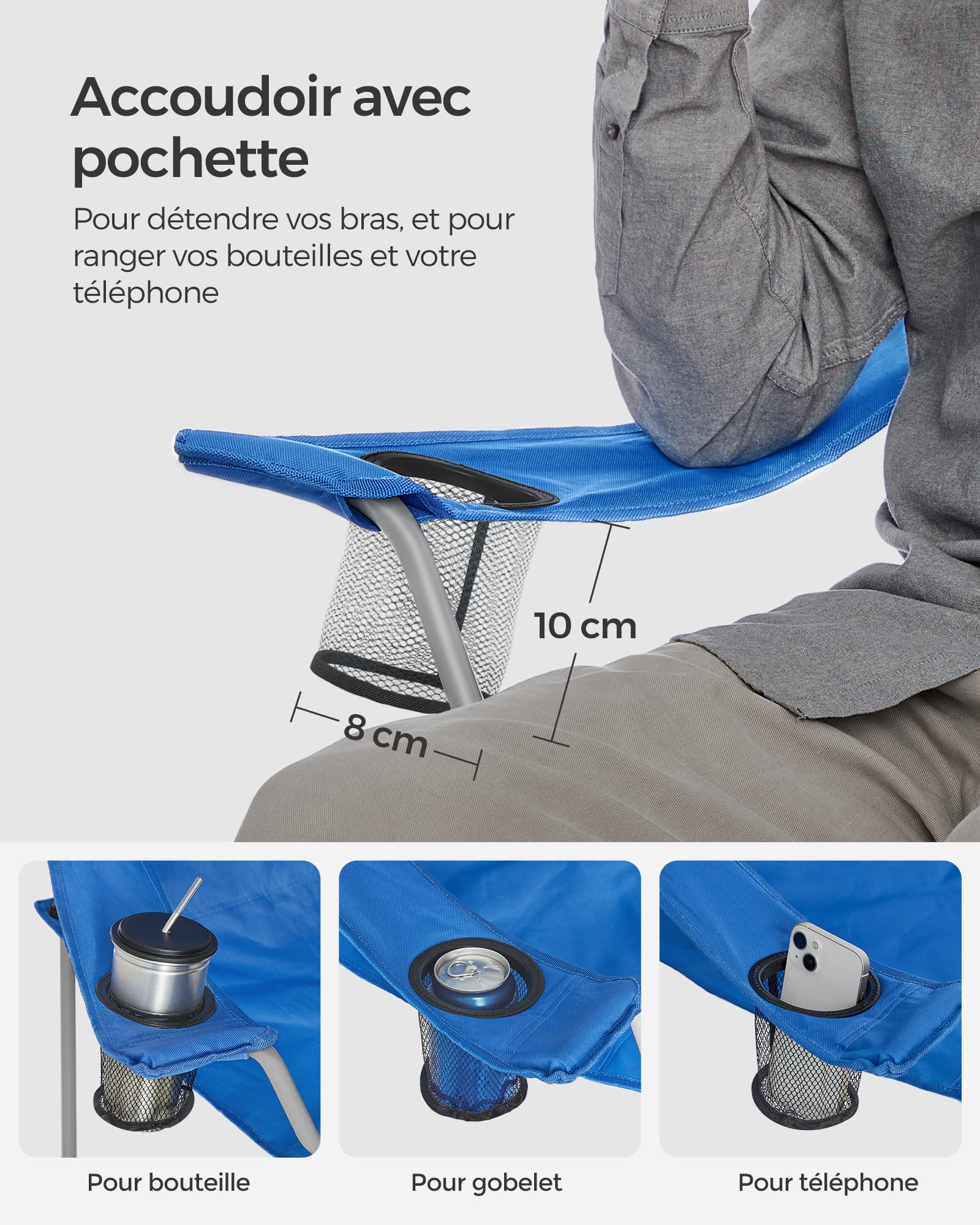 SONGMICS Lot de 2 chaises Pliantes, chaises de Camping, Structure Robuste et Confortable, Charge maximale 150 kg, avec Porte-gobelet, Chaise d'extérieur