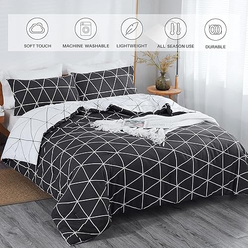 Miniatura 3 de Atarashi Juego de edredón reversible Queen de 3 piezas para todas las estaciones, edredón geométrico blanco y negro con 2 fundas de almohada (tamaño