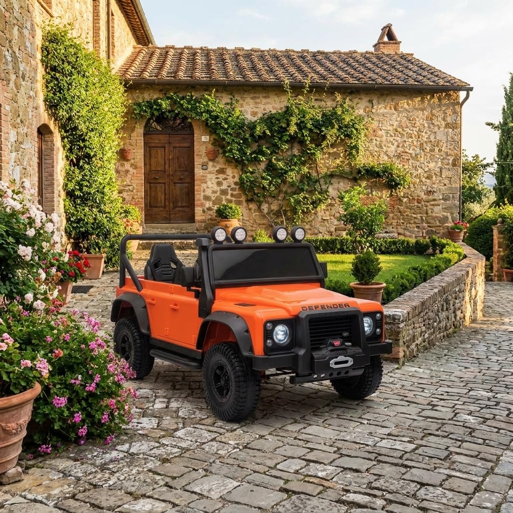 Elektryczny samochód dla dzieci Land Rover Defender 110 SVX 12V, pomarańczowy, skrzynia biegów 4X4, reflektory LED, zawieszenie przednie i tylne, pilot 2,4 GHz, wejście USB/Aux, Bluetooth, bateria
