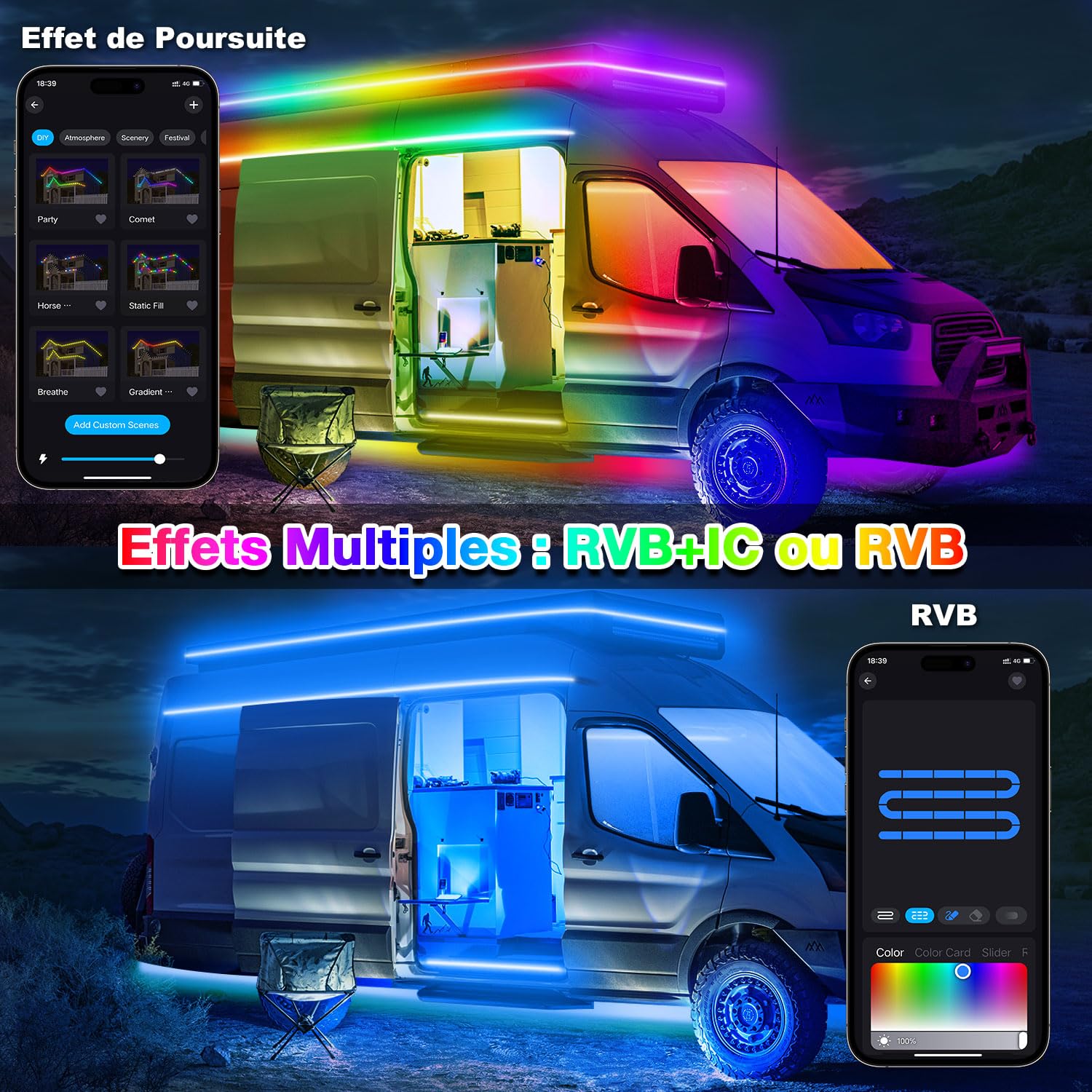 Lichaser 12V Bande LED Camping Car IP67, Lampes éclairage pour Camping Car RGB+IC avec Application et Télécommande, Convient pour l'éclairage Intérieur et extérieur des Caravanes de Camping-car (5m)