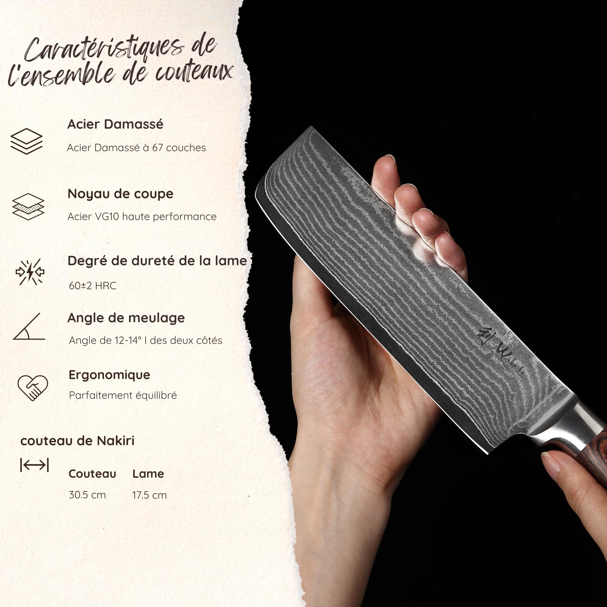Wakoli EDIB Couteau Nakiri de Cuisine Professionnel en Damas, Lame 17,5 cm | acier damassé à 67 couches, noyau VG10, manche en bois de pakka, lame tranchante et précise pour les travaux en cuisine