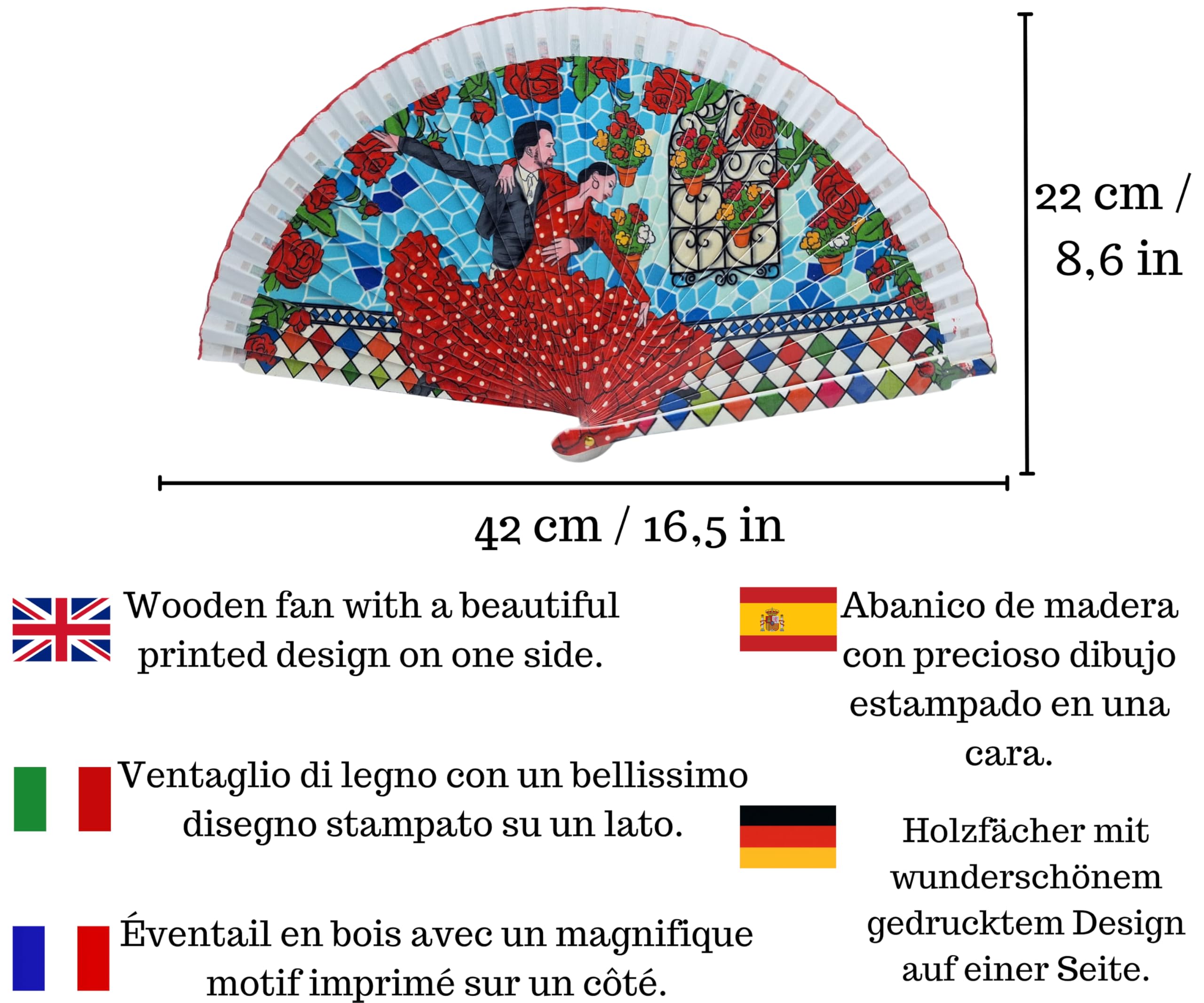 Folding fan with cover, beautiful drawings of flamingo dancers, wooden fan with handmade cover, made in Spain - Image 2