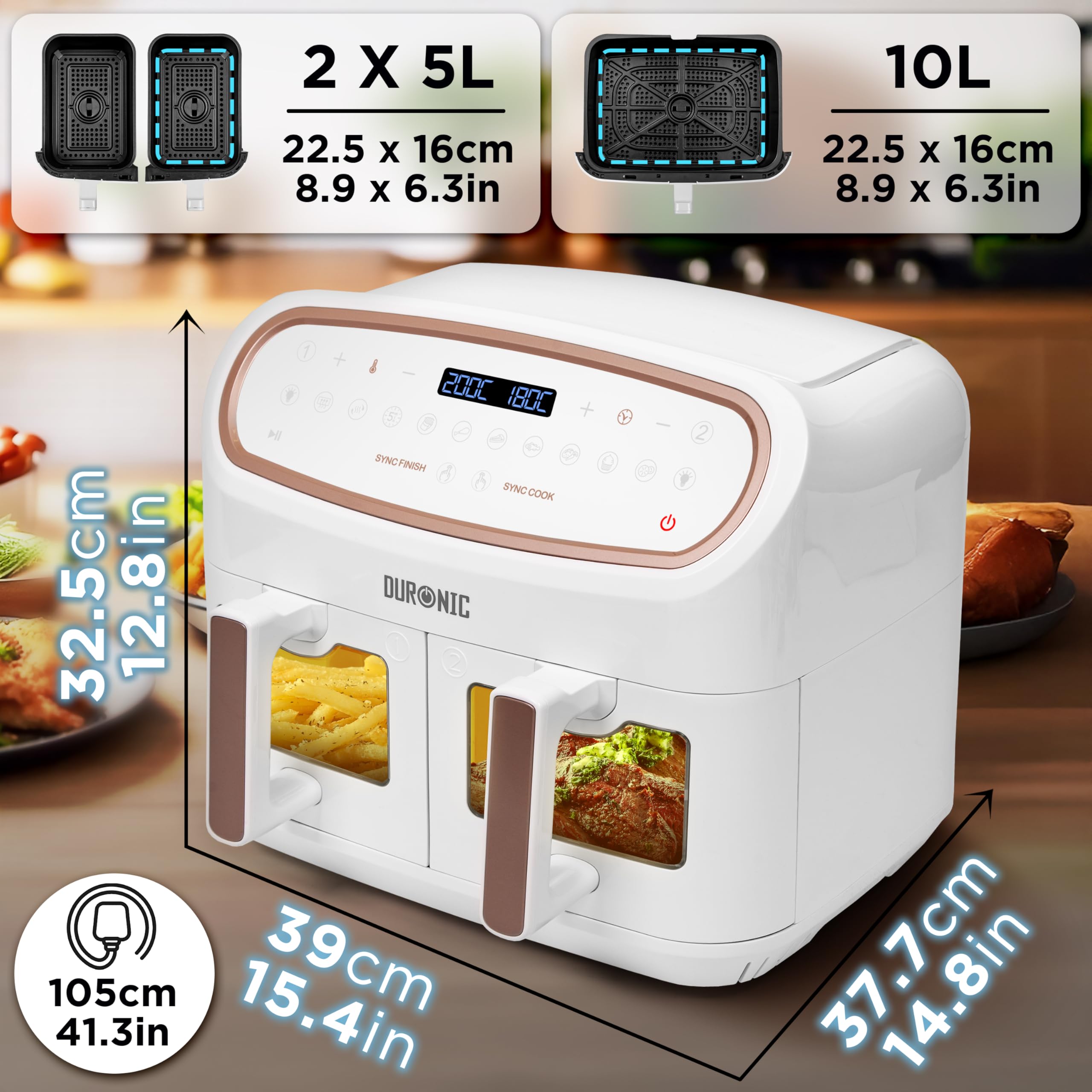 Duronic AF34 WE Friggitrice ad Aria extra grande, Air Fryer 2400W, 2 cestelli da 5L e 1 Cestello da 10L, Senza olio 10in1, Friggitrice ad aria calda con finestra di controllo