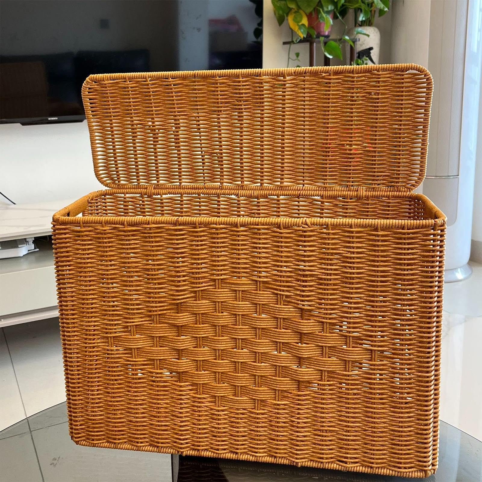 Cesto Slim Dotato Di Coperchio Alto, Stretto, Intrecciato E Decorativo | Contenitore E Cestino Portabiancheria Per La Casa Il Dormitorio L'Appartamento La Camera Da Il Soggiorno L'Hotel E Bagno