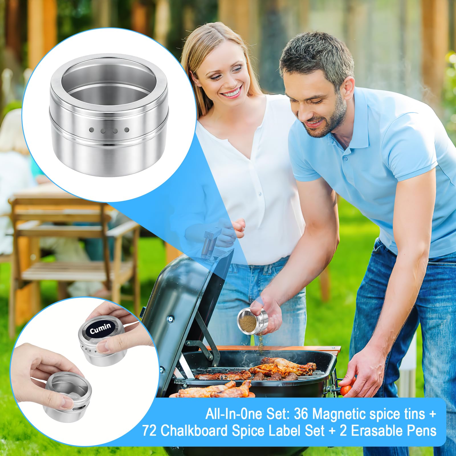 Lot de 40 boîtes à épices magnétiques en acier inoxydable - 100 ml - Avec fenêtre - Avec étiquettes à épices, stylos et cuillères à mesurer - Rangement peu encombrant pour réfrigérateur et