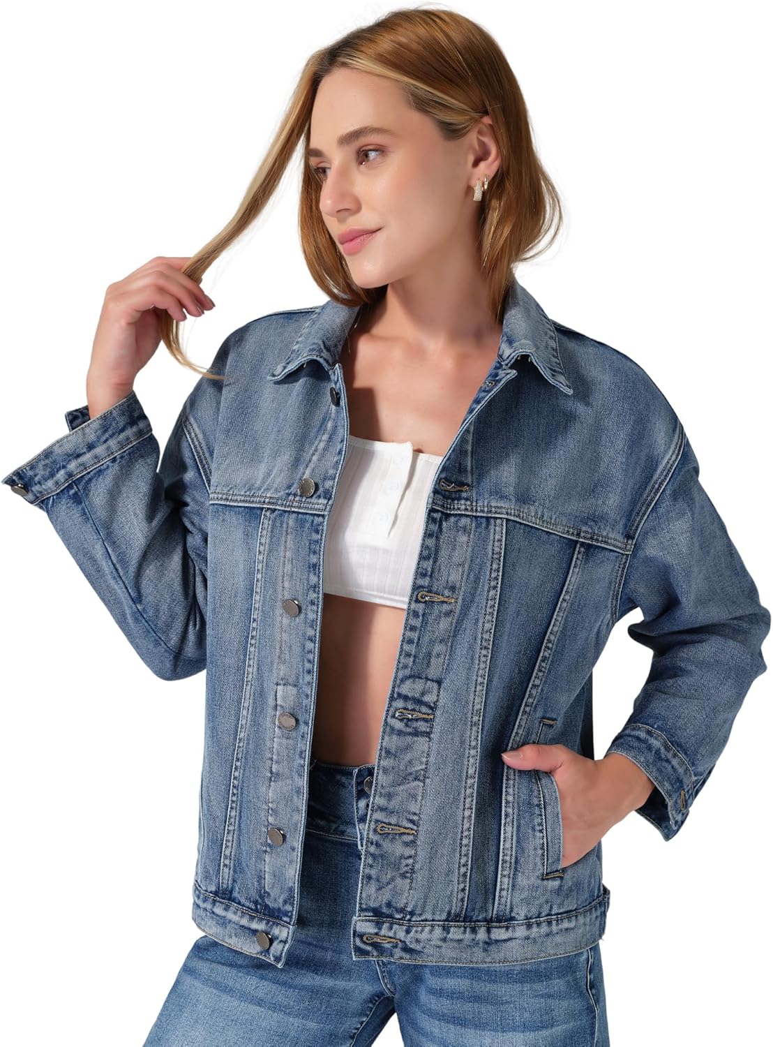 roswear Women’s Denim Jackets Oversized Button Long Sleeve Washed Jean Trucker Jacket with Pockets