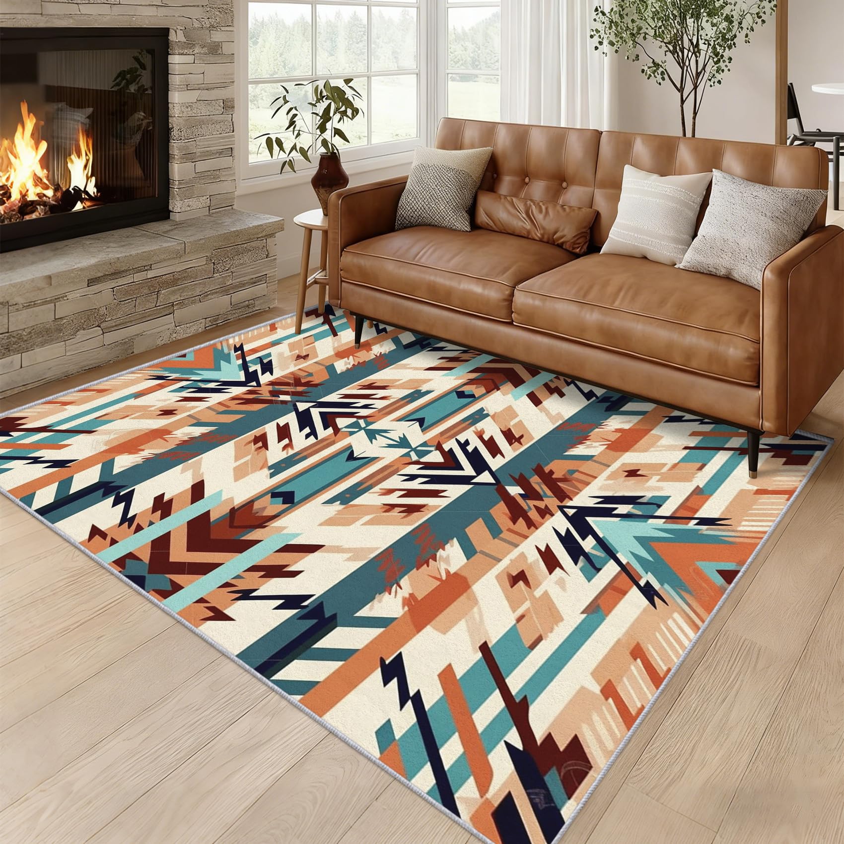 Generico Tappeto Salotto Sud-Ovest 120 x 120 cm, Tappeto Nativi Americani Navajo, Antiscivolo Pelo Corto Lavabili per Camera da Letto Cucina Bagno P-&100